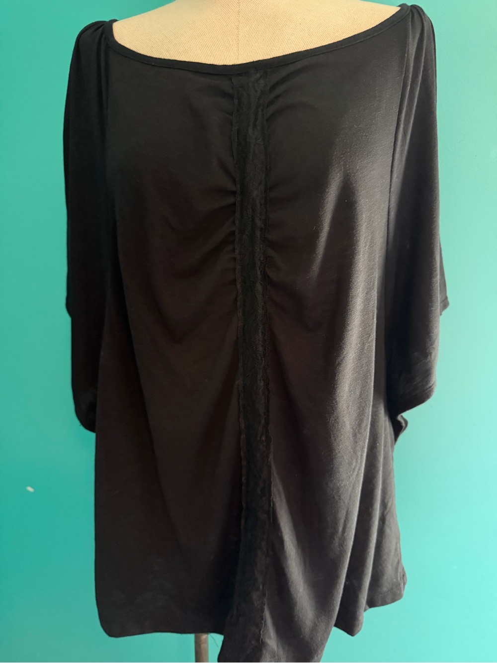 new directions Black Boatneck Short Sleeve Top with Back Lace Trim